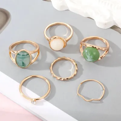 6 Pcs Oval Green Gemstone Knuckle Ring Set 